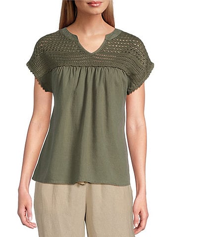 Westbound Crochet Yoke Notch Neck Short Sleeve Top