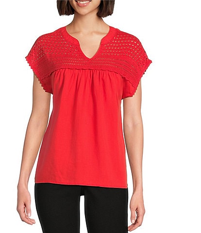 Westbound Crochet Yoke Notch Neck Short Sleeve Top