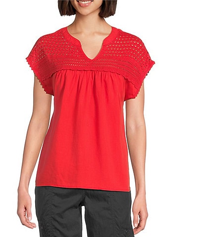 Westbound Crochet Yoke Notch Neck Short Sleeve Top