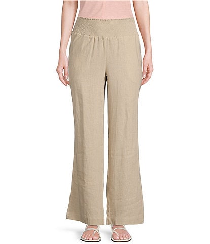 Westbound Smocked Waist Mid Rise Wide Leg Linen Pants