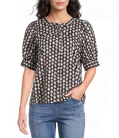 Westbound Elbow Sleeve Y-Neck Button Front Top