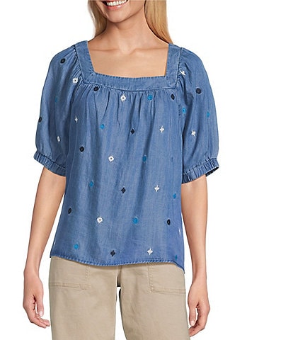 Westbound Embrodered Short Elastic Cuff Sleeve Square Neck Top