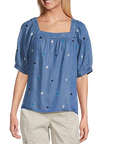 Westbound Embrodered Short Elastic Cuff Sleeve Square Neck Top