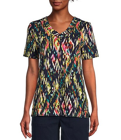 Westbound Ikat Print Short Sleeve Seam V-Neck Relaxed Tee
