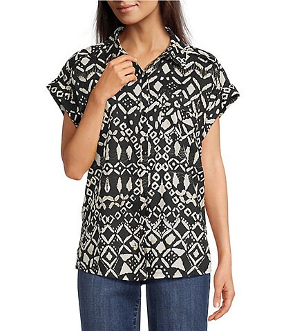 Westbound Ikat Stripe Print Button Front Tie Hem Top