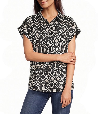 Westbound Ikat Stripe Print Button Front Tie Hem Top