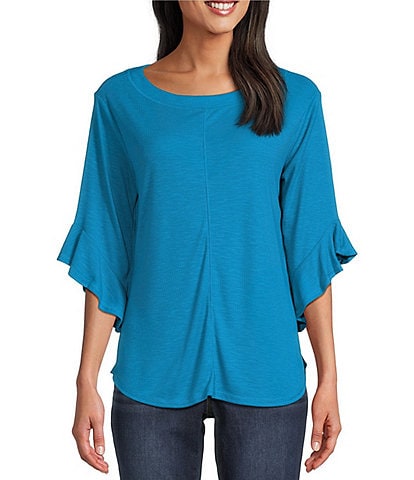 Westbound Knit 3/4 Ruffle Sleeve Crew Neck Pullover Top