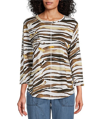 Westbound Knit Tiger Print 3/4 Sleeve Crew Neck Top