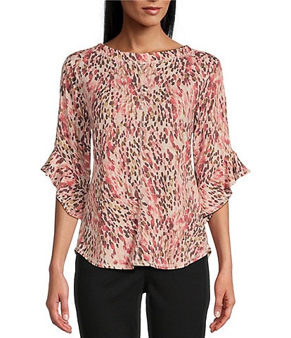 Westbound Knit Animal Trails Print Crew Neck 3/4 Ruffle Sleeve Top