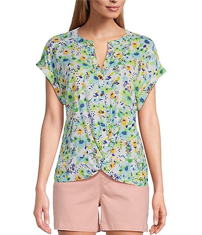 Westbound Knit Blooming Buds Short Sleeve Y-Neck Button-Front Twist Detail Top