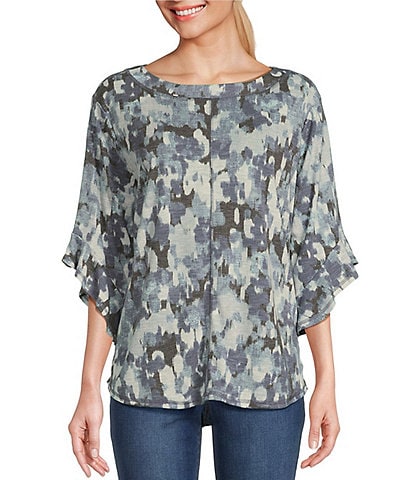 Westbound Knit Floral Crew Neck 3/4 Ruffle Sleeve Top