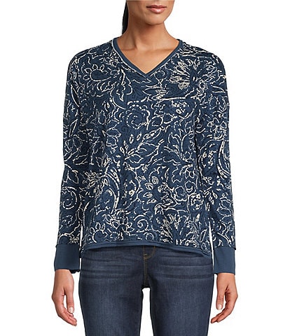 Westbound Knit Floral Print Long Sleeve V-Neck Ribbed Pullover Top