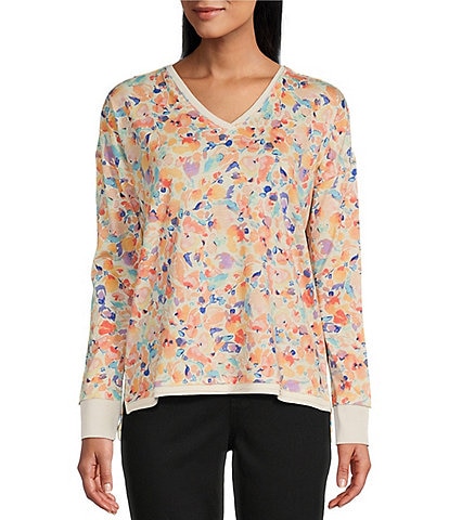 Westbound Knit Floral Print Long Sleeve V-Neck Ribbed Pullover Top