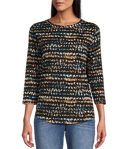 Westbound Knit Linear Stamp 3/4 Sleeve Crew Neck Top