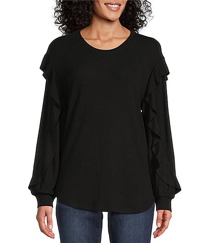 Westbound Knit Long Sleeve Crew Neck Ruffle Sleeve Pullover Shirt
