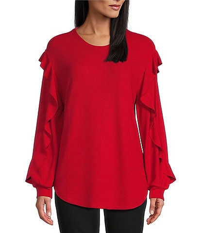 Westbound Knit Long Sleeve Crew Neck Ruffle Sleeve Pullover Shirt