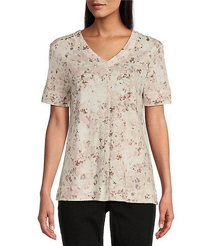 Westbound Knit Floral Meadow Print Short Sleeve V-Neck Top