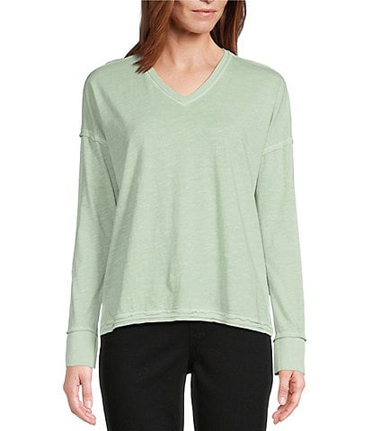 Westbound Knit V-Neck Ribbed High-Low Hem Pullover Long Sleeve Top
