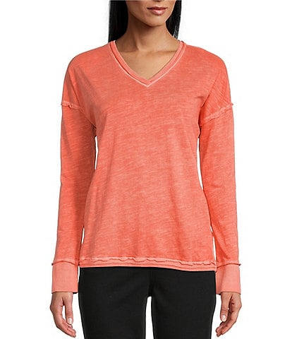 Westbound Knit V-Neck Ribbed High-Low Hem Pullover Long Sleeve Top