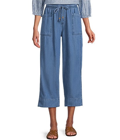 Westbound Linen Blend Medium Wash Pull On Flat Front Crop Pants