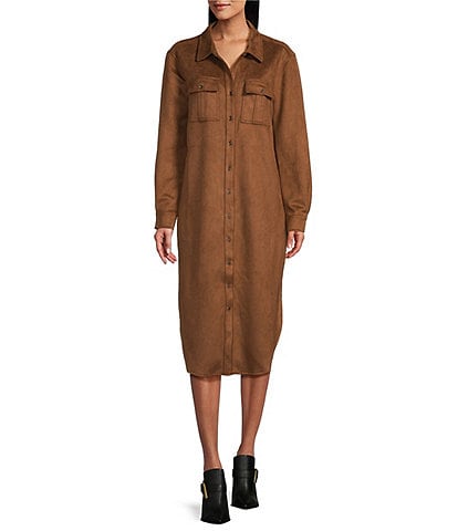 Westbound Long Sleeve Button Front Suede Dress