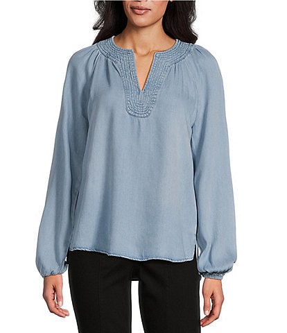 Westbound Long Sleeve Split V-Neck Embroidered Top