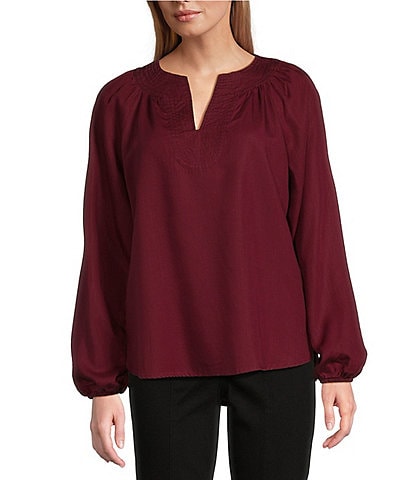 Westbound Long Sleeve Split V-Neck Embroidered Top