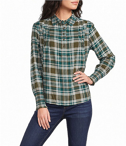 Westbound Long Sleeve Y-Neck Button Front Blouse