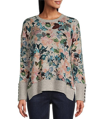 Westbound Multi Autumn Floral Long Sleeve Crew Neck Button Cuff Top