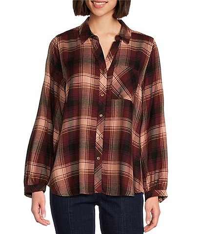 Westbound Ombre Plaid Print Long Sleeve Y-Neck Button Front Collared Top