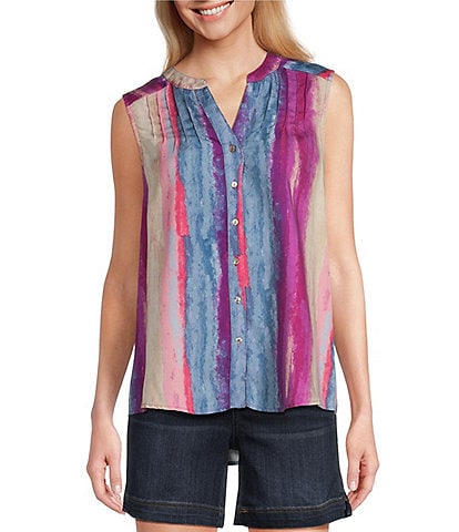 Westbound Painted Stripe Print Woven Sleeveless Button Front Blouse