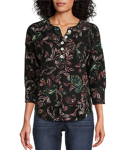 Westbound Paisley Leaves Print Long Sleeve Henley Curved Hem Top