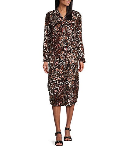Westbound Paisley Petals Print Long Roll-Tab Sleeve Button Front Shirt Dress