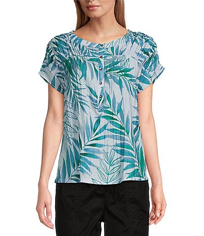 Westbound Palm Print Sleeveless Ruched Henley Top