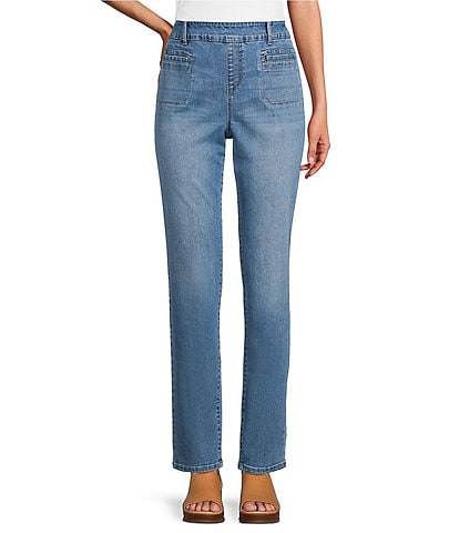 Westbound Petite High Rise Patch Pocket Straight Leg Pull-On Denim Pants
