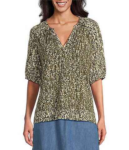 Westbound Petite Size 3/4 Puff Sleeve V-Neck Branch Top