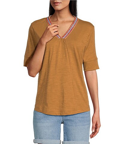 Westbound Petite Size 3/4 Sleeve Tape Detailing V-Neck Knit Tee