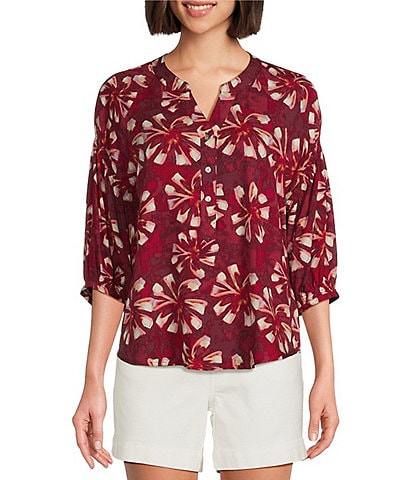 Westbound Petite Size Abstract Elbow Puff Sleeve Partial Button Front Top