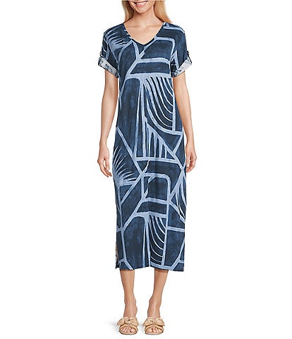 Westbound Petite Size Blue Geo Tex Short Sleeve V-Neck Midi Shift Dress