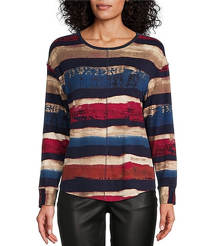 Westbound Petite Size Bold Painterly Long Sleeve Crew Neck Knit Tee Shirt