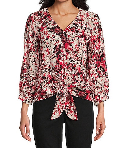 Westbound Petite Size Botanic Floral Print Woven 3/4 Sleeve V-Neck Tie Front Top