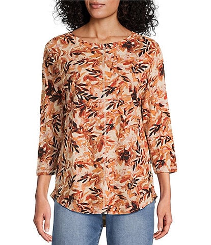 Westbound Petite Size Butter Cream Falls Leaves 3/4 Sleeve Crew Neck Knit Top