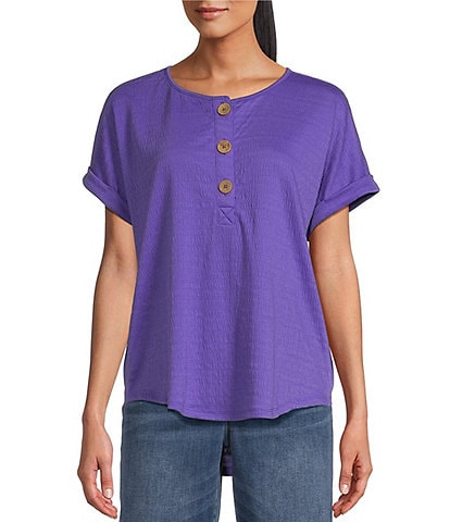 Westbound Petite Size Crinkle Henley Crew Neck Cuffed Rounded Hem Short Sleeve Top
