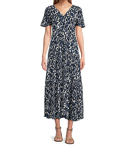 Westbound Petite Size Dotted Print Flutter Short Sleeve V-Neck Button Front Tiered Maxi Dress