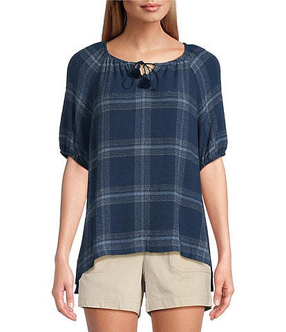 Westbound Petite Size Elbow Puff Sleeve Tie Neck Plaid Top