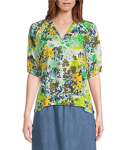 Westbound Petite Size Elbow Puff Sleeve V-Neck Bloom Top