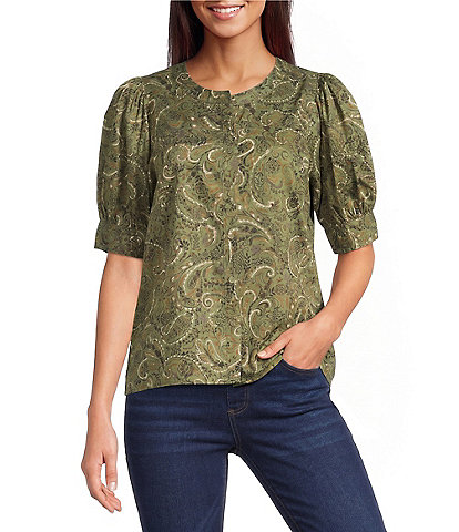 Westbound Petite Size Elbow Sleeve Y-Neck Button Front Top