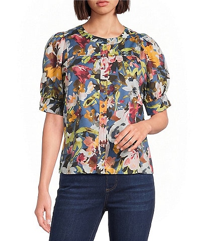 Westbound Petite Size Elbow Sleeve Y-Neck Button Front Top