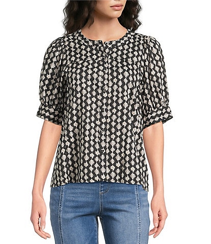 Westbound Petite Size Elbow Sleeve Y-Neck Button Front Top