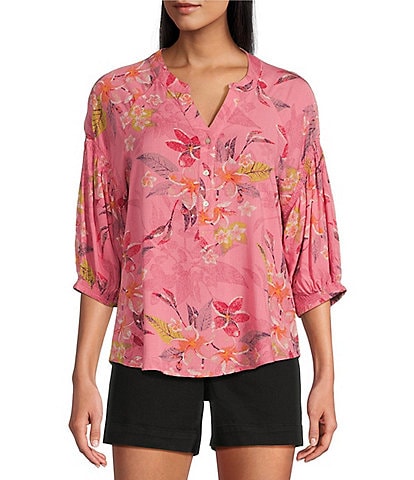 Westbound Petite Size Floral Elbow Puff Sleeve Partial Button Front Top